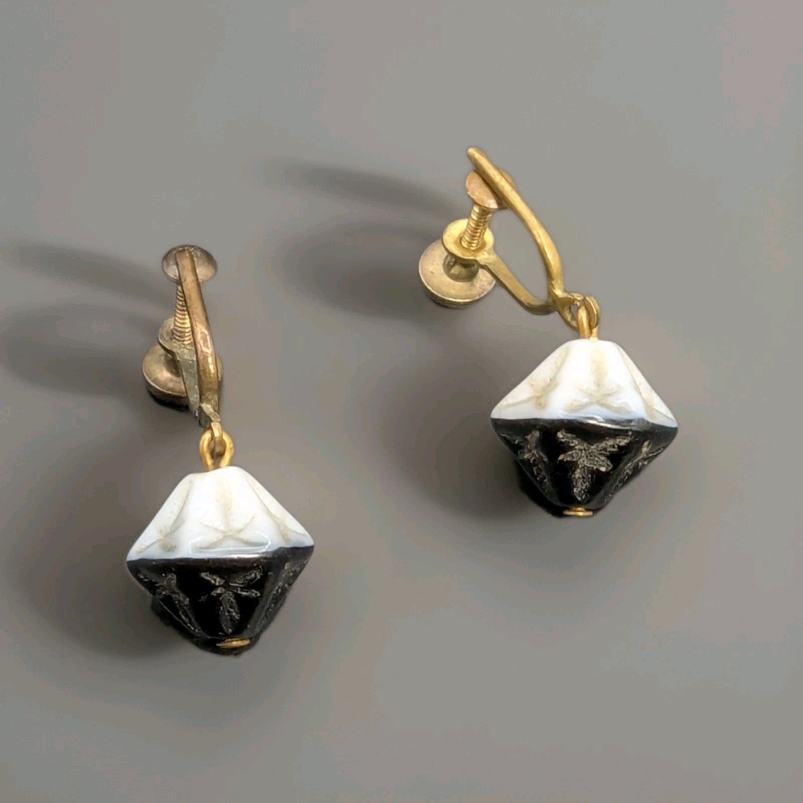 Antique Victorian Mourning Earrings Black White Glass Palm Frond Screw Back Drop